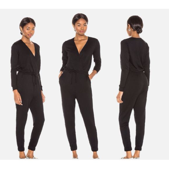 Beyond Yoga Women’s S Overlapping V-Neck Black Cozy Fleece Jumpsuit LS Modal A38 - Picture 1 of 8